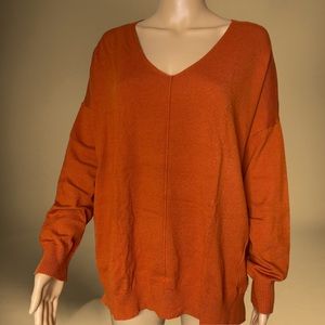 Polagram Pullover Sweater Medium M Oversize Orange 3/4 Sleeves V Neck Loose Fit